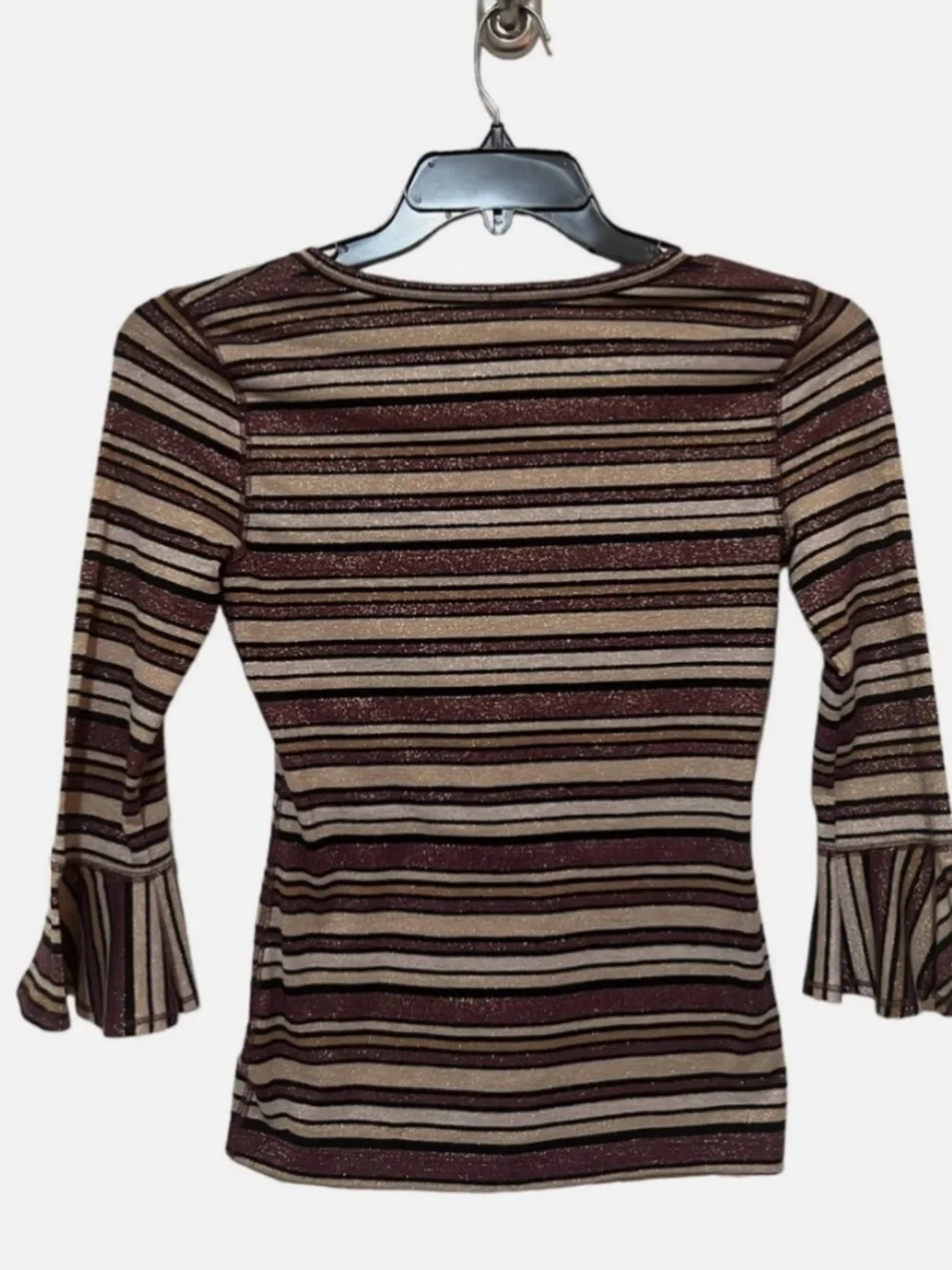 Free People Earth Tone Striped Scoop Neck Bell Sleeve Top Metallic Thread Small